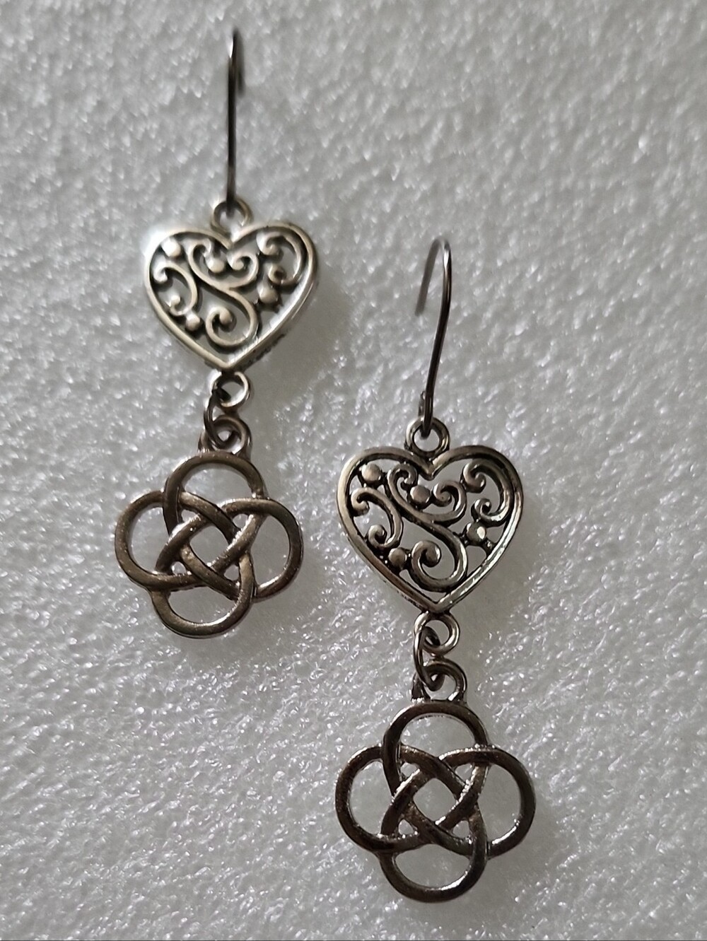 Hand Crafted Silver Heart Filigree and Celtic Knot Drop Earrings